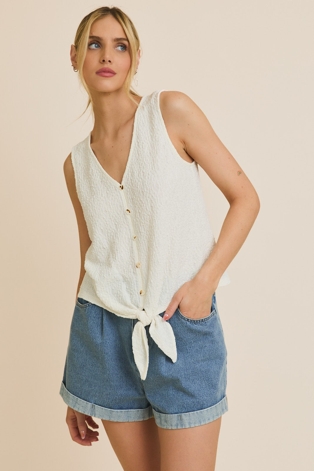 ivory v neck button up sleeveless front tie top
