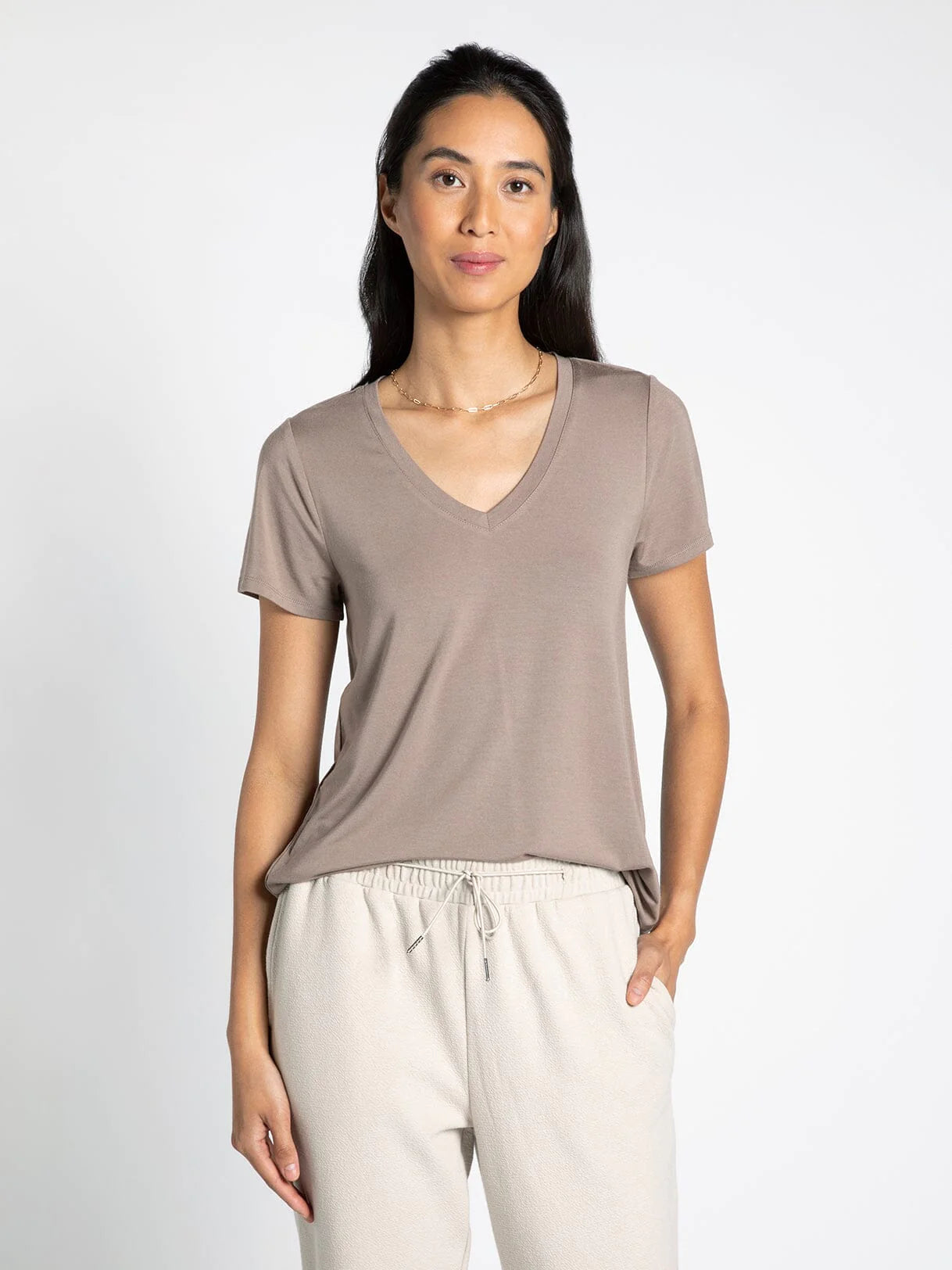 light brown v neck soft t-shirt 